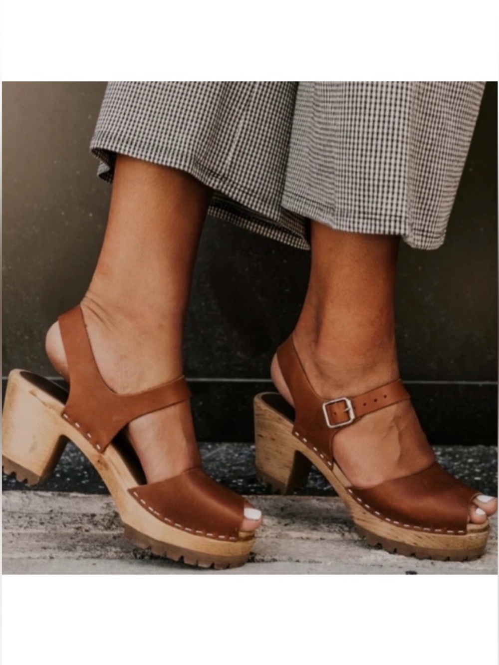 MIA Brown Leather Platform Clog Sandals with Ankle Strap